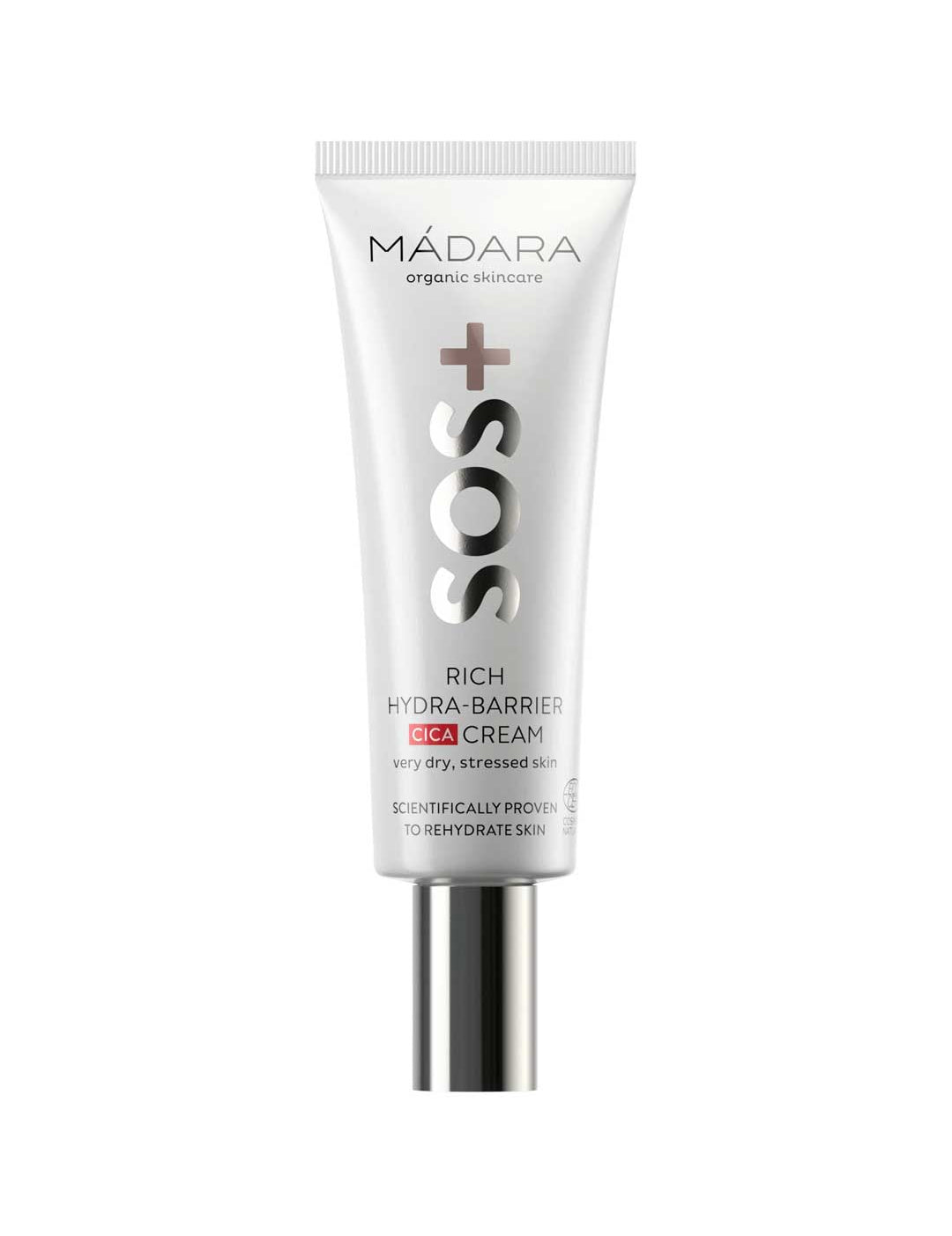 A white tube of Madara SOS Rich Hydra-Barrier CICA Cream 40ml with black and pink text and a silver cap, designed for very dry, stressed skin needing deep hydration and barrier support.