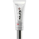 A white tube of Madara SOS Rich Hydra-Barrier CICA Cream 40ml with black and pink text and a silver cap, designed for very dry, stressed skin needing deep hydration and barrier support.