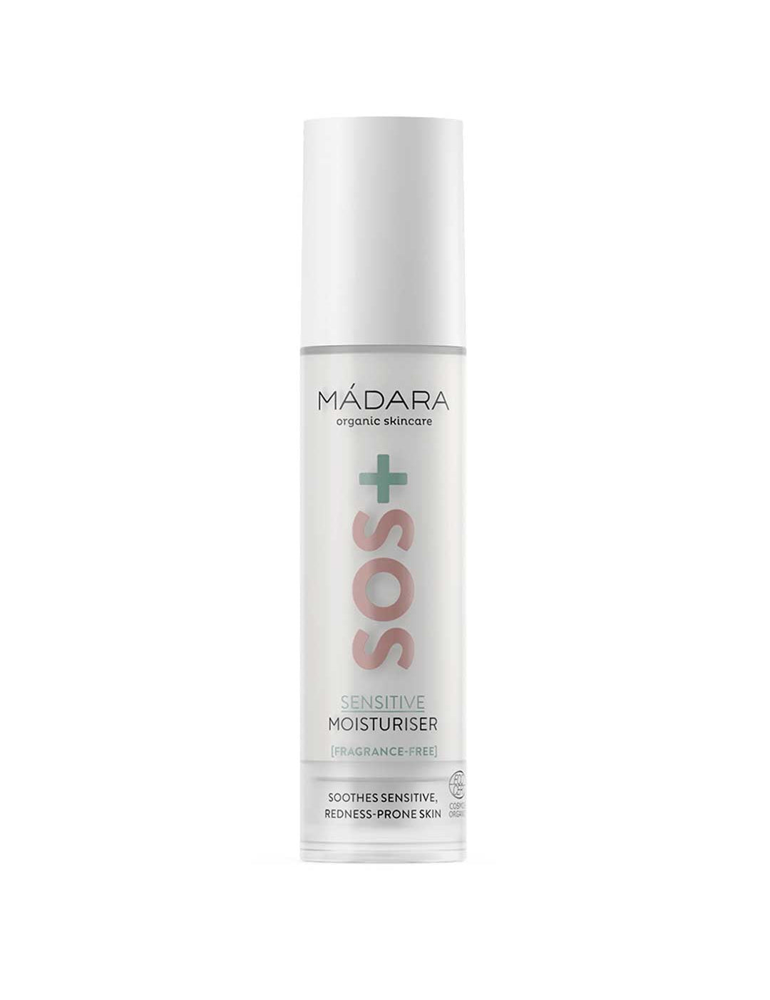 A white 50ml bottle of Madara SOS+ Sensitive Moisturiser with a pump dispenser, fragrance-free and formulated with hyaluronic acid to relieve redness; ideal for sensitive or redness-prone skin.