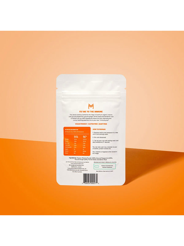 Back of the Matcha Maiden Fly Me To The Immune 28.35g pouch with nutrition and preparation information.