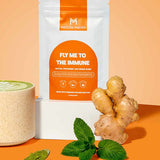 Matcha Maiden Fly Me To The Immune pouch with fresh ginger, mint and a hot matcha latte.
