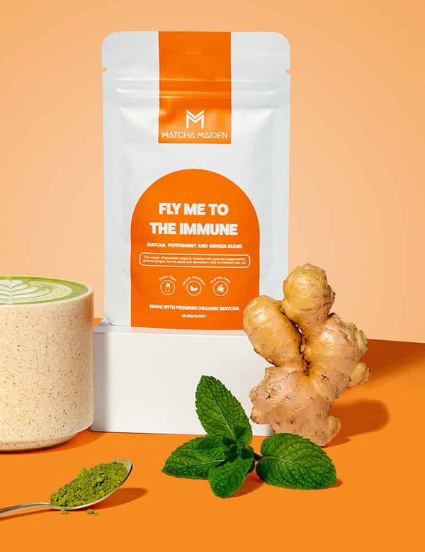 Matcha Maiden Fly Me To The Immune pouch with fresh ginger, mint and a hot matcha latte.