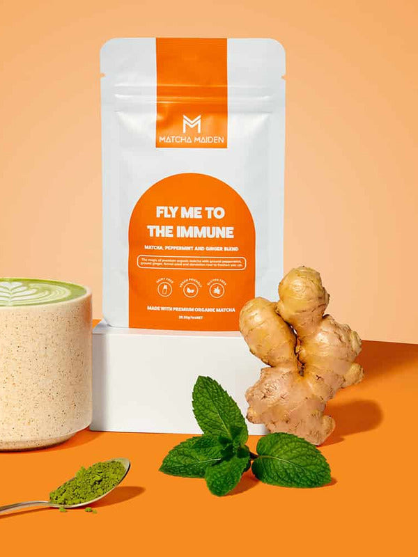 Matcha Maiden Fly Me To The Immune pouch with fresh ginger, mint and a hot matcha latte.