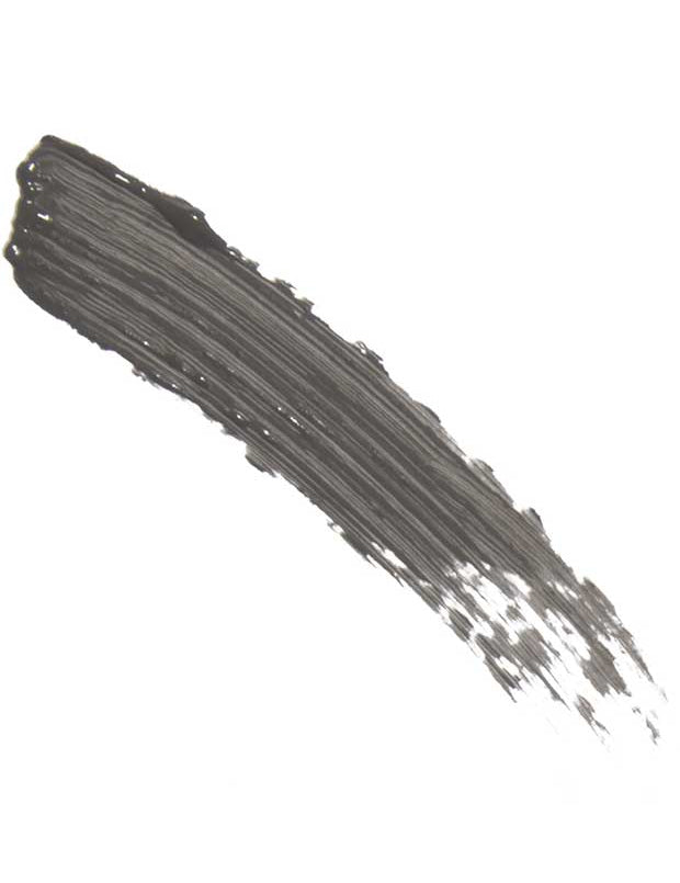 A single black brushstroke with visible bristle marks arcs diagonally across a white background, much like the precise effect of 100% Pure Green Tea Fibre Brow Builder 4.5g, with paint denser on the left and fading gently to the right.