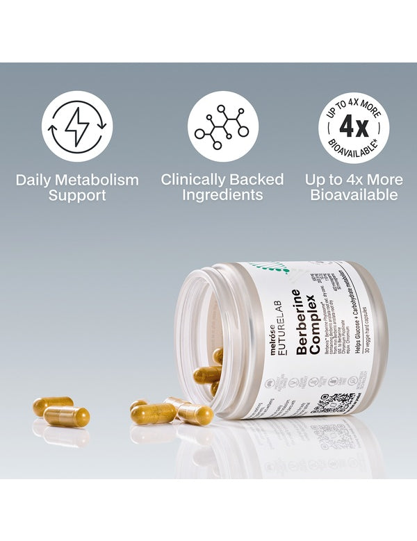 Melrose FutureLab Berberine Complex jar styled on its side with capsules and product benefit icons