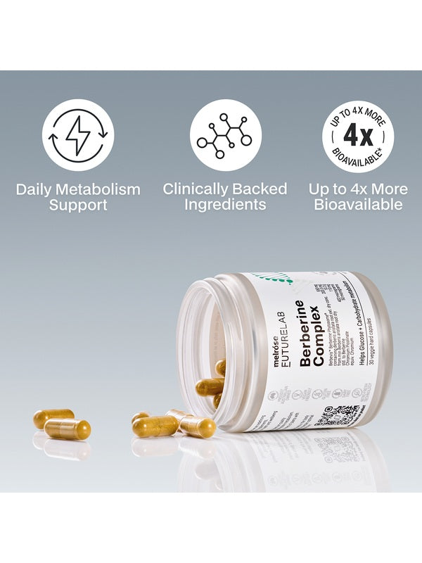 Melrose FutureLab Berberine Complex jar styled on its side with capsules and product benefit icons