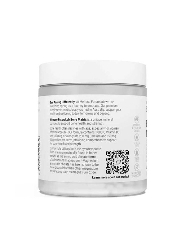 Back of Melrose FutureLab Bone Matrix showing directions, ingredients and warnings