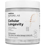 Clear Melrose FutureLab Cellular Longevity jar with a wide white lid, a white label with bold black text and a pale peach DNA-helix graphic.