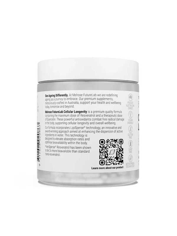 Back of Melrose FutureLab Cellular Longevity showing directions, ingredients and warnings