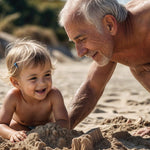 Grandfather and child playing on the beach in official Melrose FutureLab cellular longevity lifestyle imagery