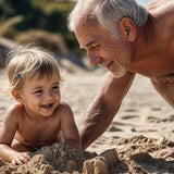 Grandfather and child playing on the beach in official Melrose FutureLab cellular longevity lifestyle imagery