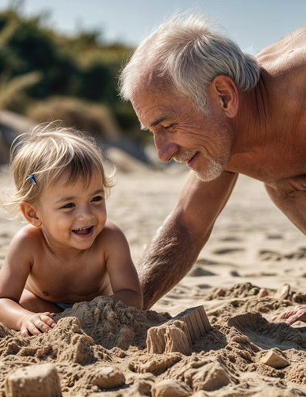 Grandfather and child playing on the beach in official Melrose FutureLab cellular longevity lifestyle imagery