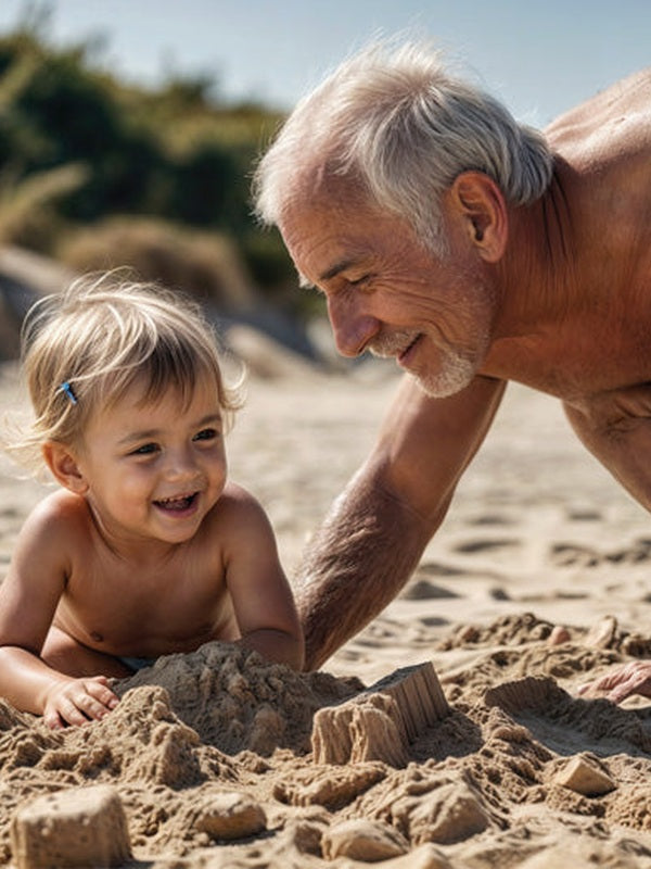 Grandfather and child playing on the beach in official Melrose FutureLab cellular longevity lifestyle imagery