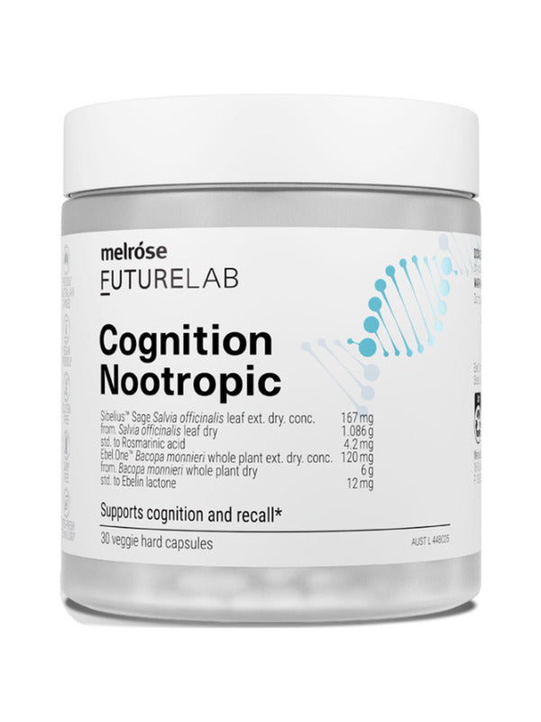 Clear Melrose FutureLab Cognition Nootropic jar with a wide white lid, a white label with bold black text and a light blue DNA-helix graphic.