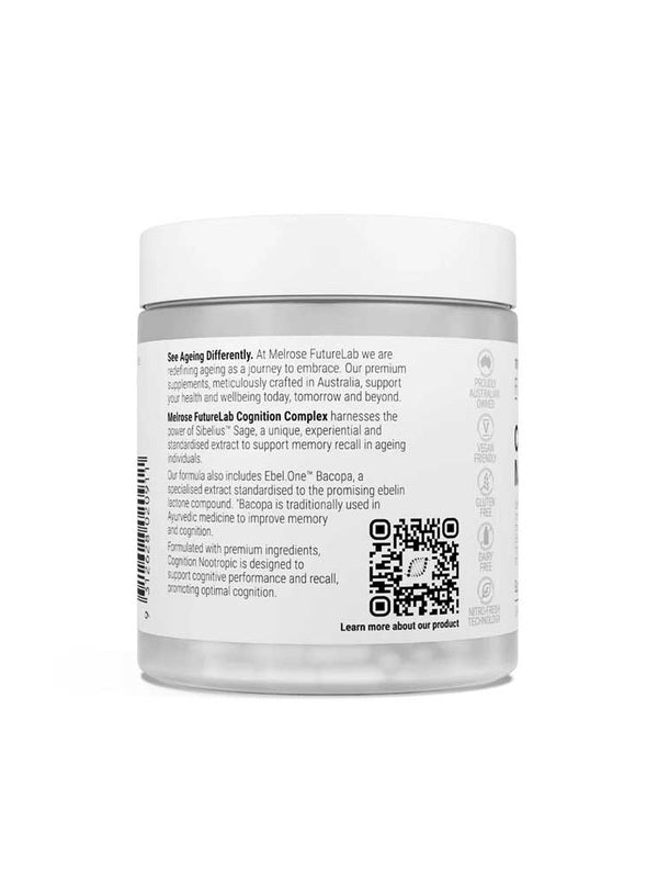 Back of Melrose FutureLab Cognition Nootropic showing directions, ingredients and warnings