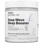 Clear Melrose FutureLab Deep Wave Sleep Booster jar with a wide white lid, a white label with bold black text and a pale purple DNA-helix graphic.