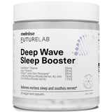 Clear Melrose FutureLab Deep Wave Sleep Booster jar with a wide white lid, a white label with bold black text and a pale purple DNA-helix graphic.