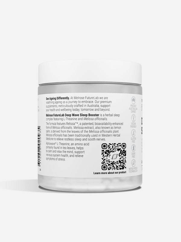 Back of Melrose FutureLab Deep Wave Sleep Booster showing directions, ingredients and warnings