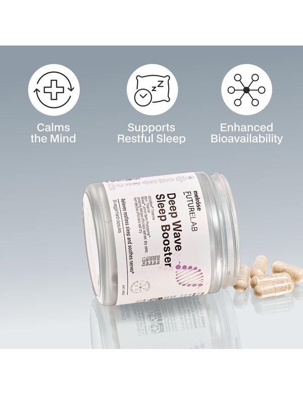 Melrose FutureLab Deep Wave Sleep Booster jar styled with capsules and product benefit icons