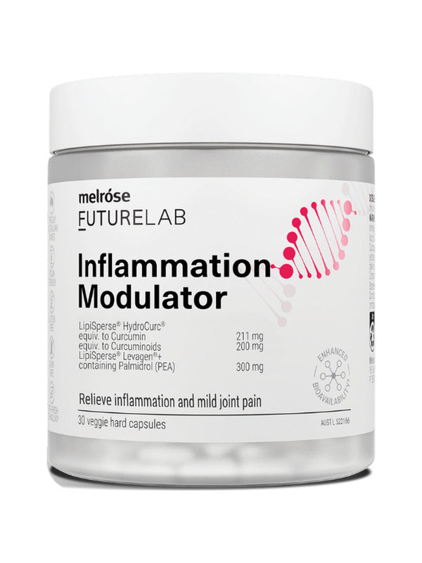 Clear Melrose FutureLab Inflammation Modulator jar with a wide white lid, a white label with bold black text and a bright pink DNA-helix graphic.