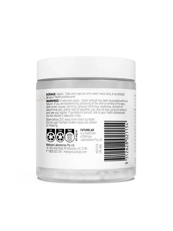 Back of Melrose FutureLab Menopause Ultra Complex showing directions, ingredients and warnings