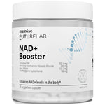 Clear Melrose FutureLab NAD+ Booster jar with a wide white lid, a white label with bold black text and a pale blue DNA-helix graphic.