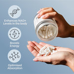 Hands holding Melrose FutureLab NAD Plus Booster and capsules against a blue background