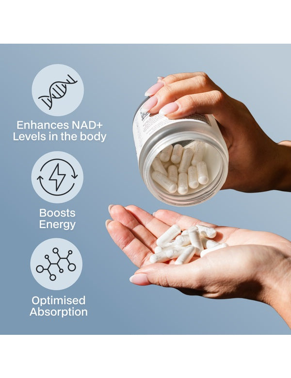 Hands holding Melrose FutureLab NAD Plus Booster and capsules against a blue background