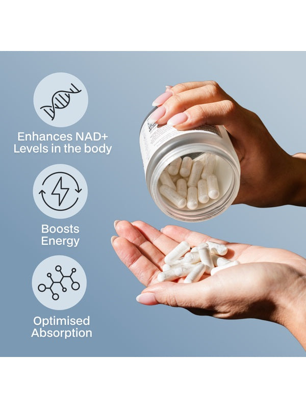 Hands holding Melrose FutureLab NAD Plus Booster and capsules against a blue background