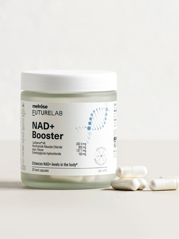Melrose FutureLab NAD Plus Booster styled with capsules on a soft neutral surface