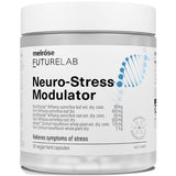 Clear Melrose FutureLab Neuro-Stress Modulator jar with a wide white lid, a white label with bold black text and a blue DNA-helix graphic.