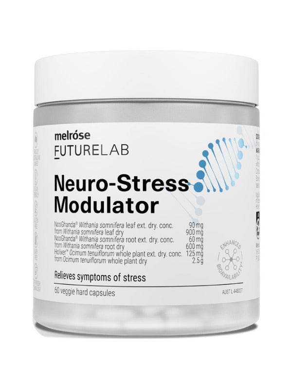 Clear Melrose FutureLab Neuro-Stress Modulator jar with a wide white lid, a white label with bold black text and a blue DNA-helix graphic.