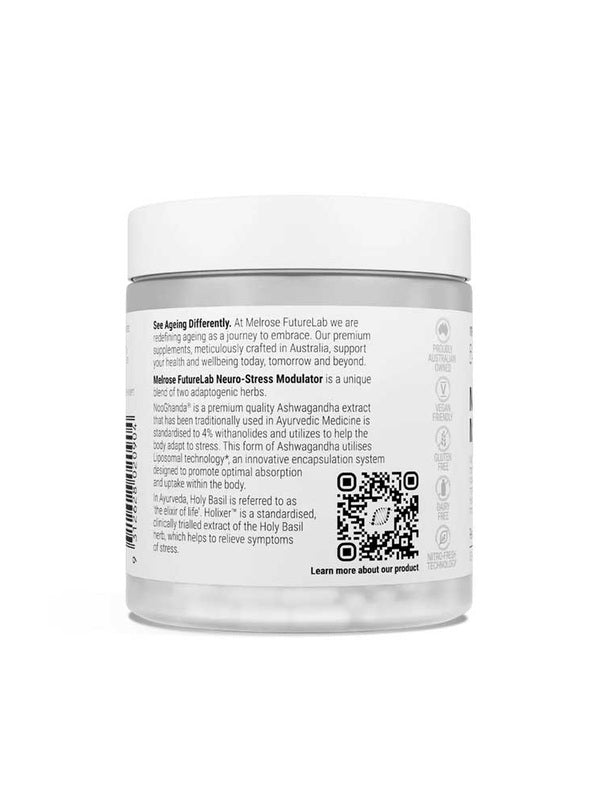 Back of Melrose FutureLab Neuro-Stress Modulator showing directions, ingredients and warnings