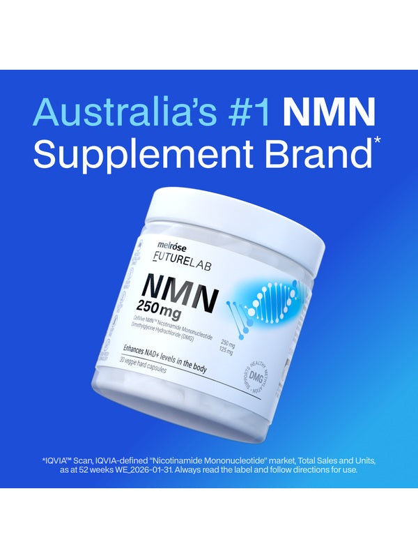 Melrose FutureLab NMN 250mg capsules shown from an angled product position with supporting text