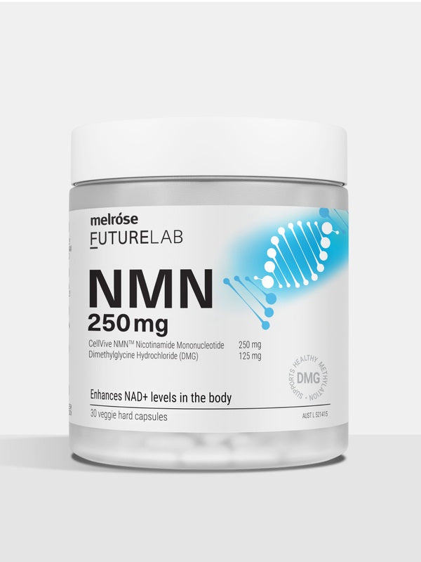 Melrose FutureLab NMN 250mg capsules shown upright from an alternate front angle