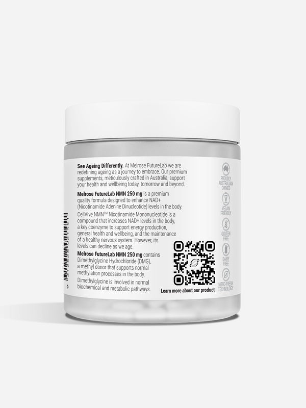 Back of Melrose FutureLab NMN 250mg capsules showing directions, ingredients and warnings