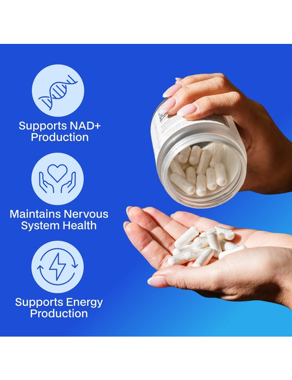 Hands holding Melrose FutureLab NMN 250mg capsules and jar against a blue background