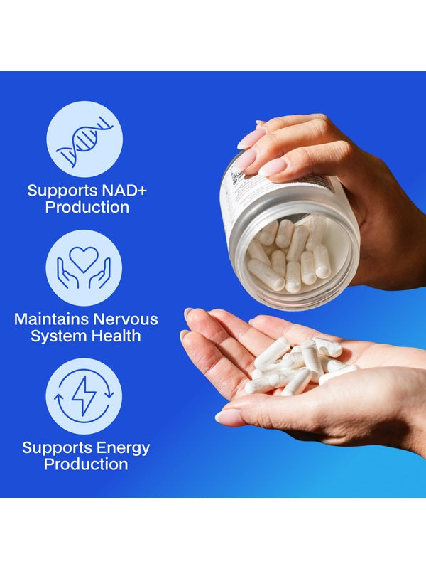 Hands holding Melrose FutureLab NMN 250mg capsules and jar against a blue background