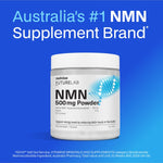 Melrose FutureLab NMN powder shown from an angled product position with supporting text