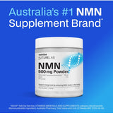 Melrose FutureLab NMN powder shown from an angled product position with supporting text