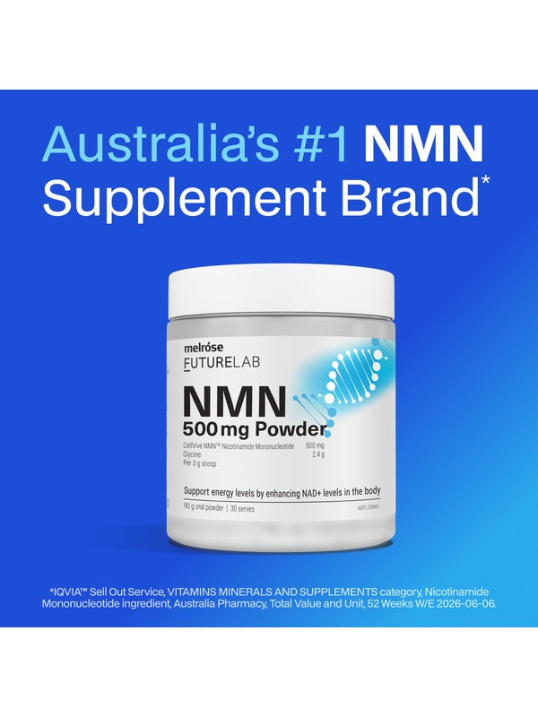 Melrose FutureLab NMN powder shown from an angled product position with supporting text