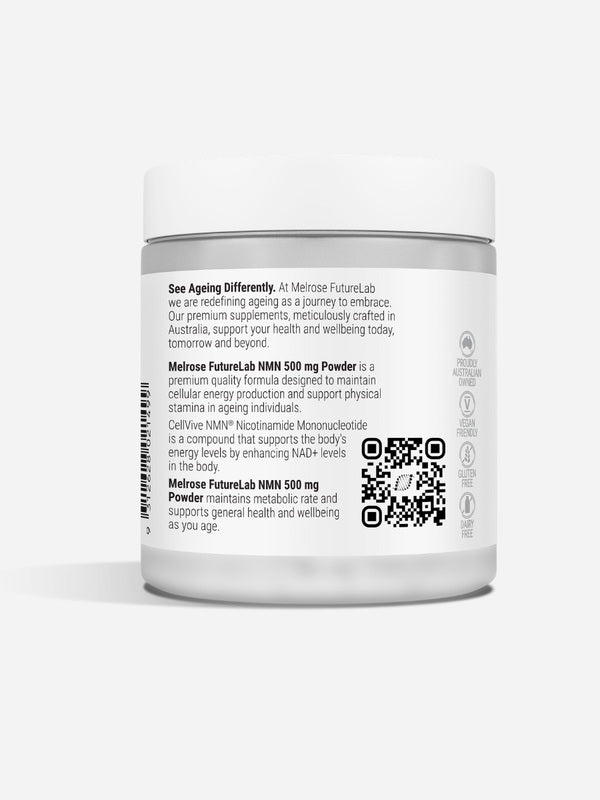 Back of Melrose FutureLab NMN powder showing directions and product information