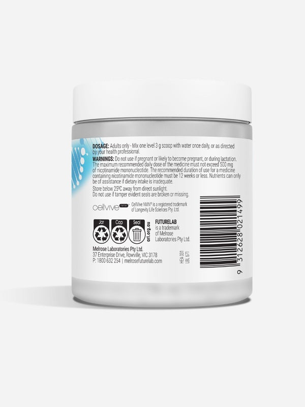 Back of Melrose FutureLab NMN powder showing nutrition and ingredient information
