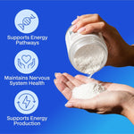 Melrose FutureLab NMN powder being poured from the jar into a hand against a blue background