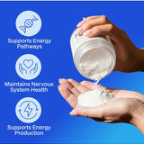 Melrose FutureLab NMN powder being poured from the jar into a hand against a blue background
