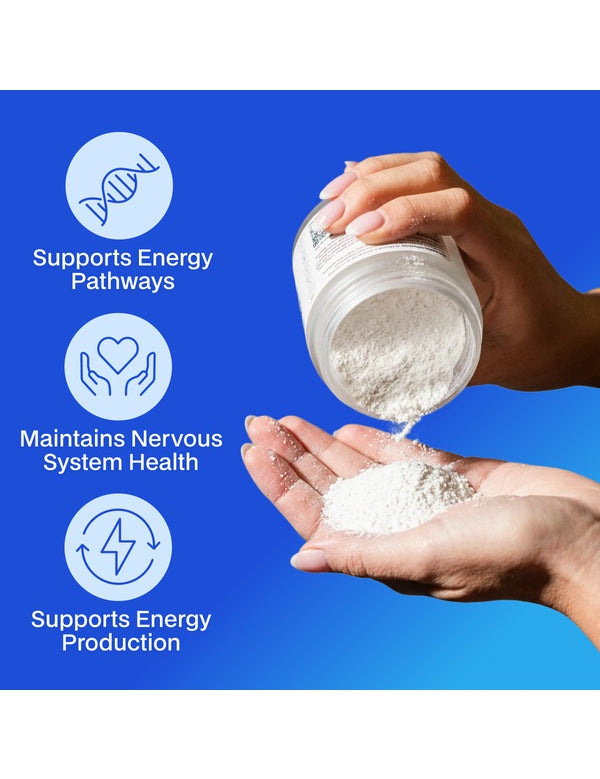 Melrose FutureLab NMN powder being poured from the jar into a hand against a blue background