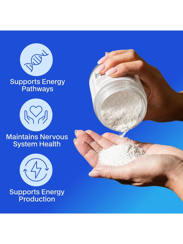 Melrose FutureLab NMN powder being poured from the jar into a hand against a blue background
