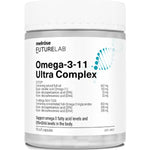 Tall clear Melrose FutureLab Omega-3-11 Ultra Complex jar with a ribbed white lid, a white label with black lettering and a turquoise DNA-helix graphic.