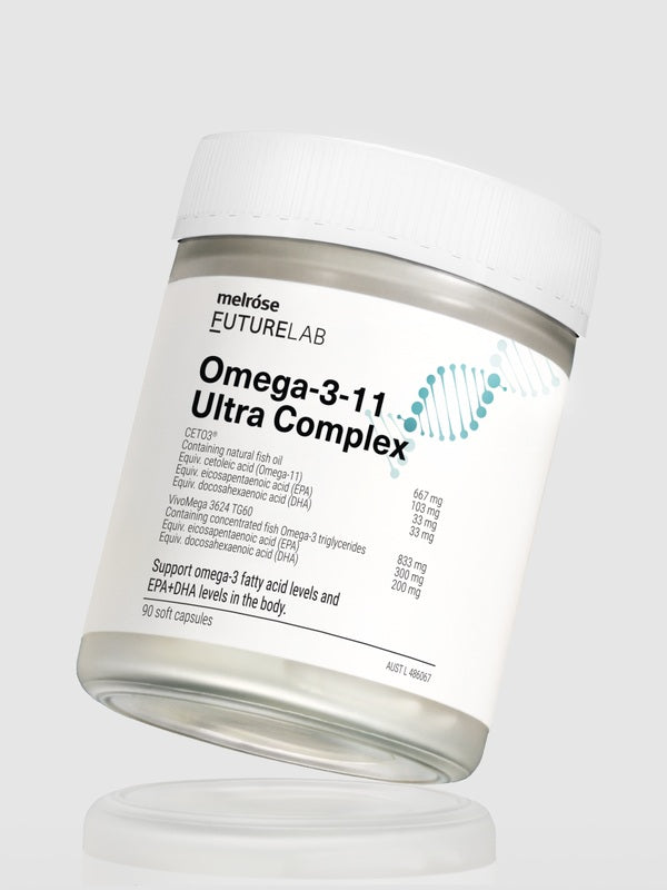 Melrose FutureLab Omega 3-11 Ultra Complex shown from an alternate angled bottle position