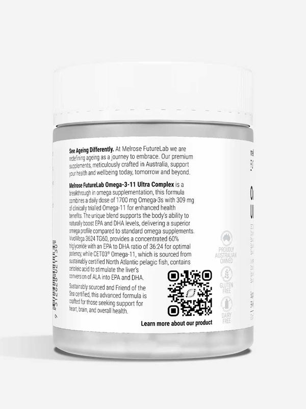 Back of Melrose FutureLab Omega 3-11 Ultra Complex showing directions and product information